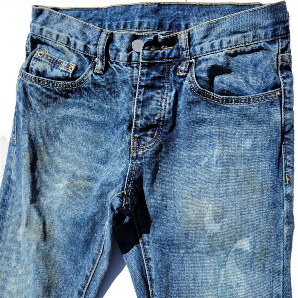 MNMI Womens Straight Leg Jeans Blue Bleach Spots Distressed Button Fly Denim 28